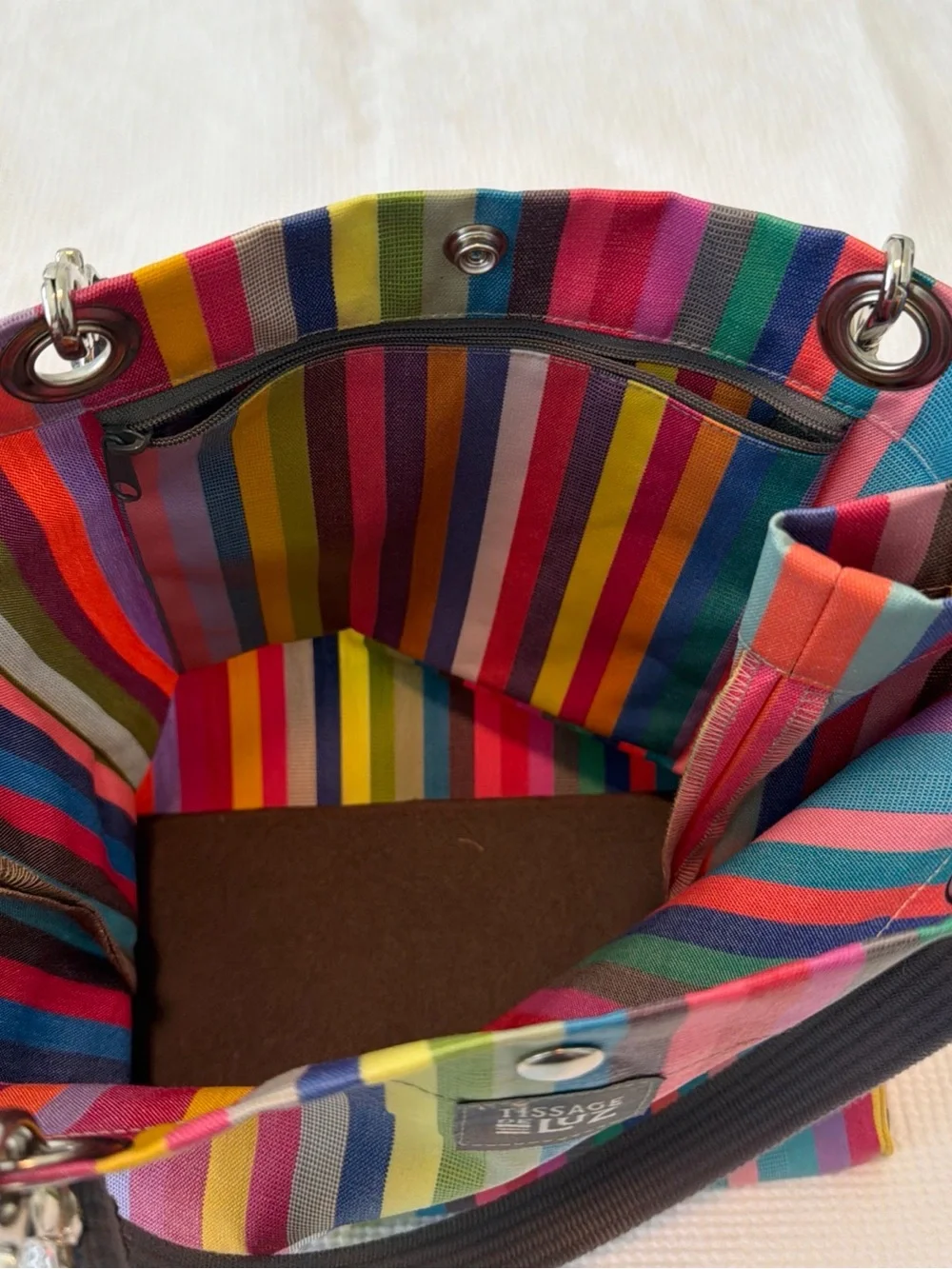 Tissage de Luz French Basque Canvas Multicolor Stripe Tote Bag w/ Black Handles
